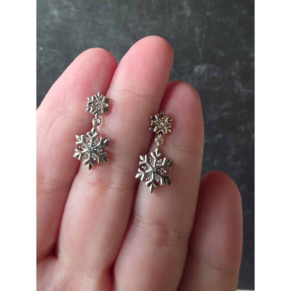 925 Sterling Silver CZ Snowflake Beaded Dangling Pierced Earrings Vintage